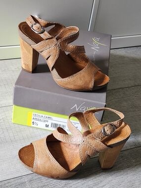 5.5 W NAYA Brown Leather Slingback Cecilia Sandals Heel Bamboo Block Comfort